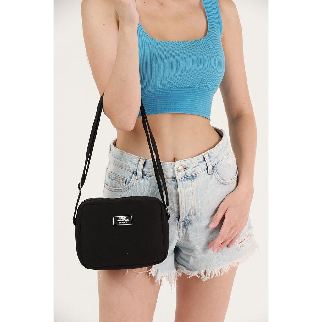 Black U35 Canvas Fabric Women's Shoulder Bag With Single Zipper Compartment And Adjustable Strap U:14 E:20