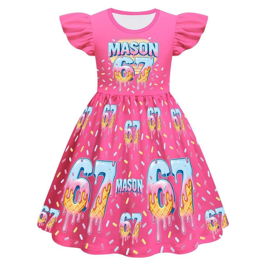 82887 Kids Girls Steal a Brainrot 67 Print Ruffle Sleeveless Princess Dress
