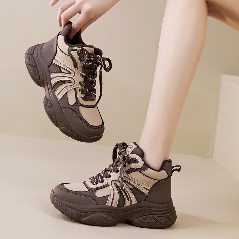 Autumn and winter new leather platform sports casual women's shoes lightweight non-slip cotton shoes velvet dad shoes women