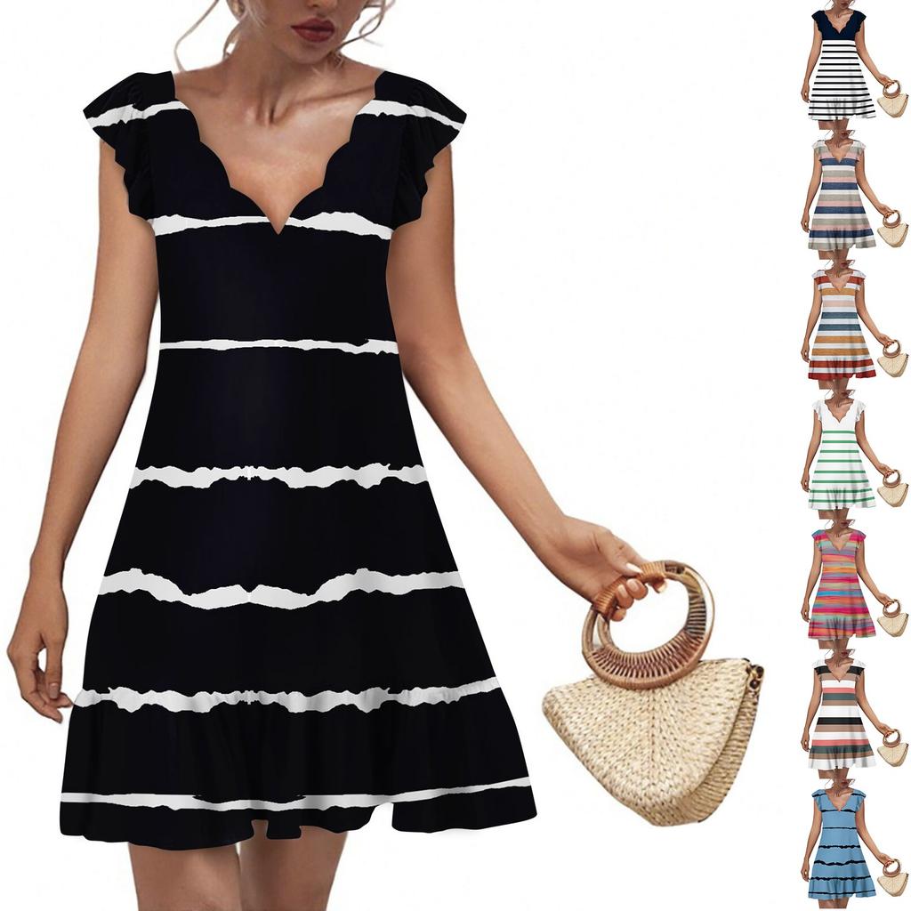 Women's Fashion Casual V Neck Wavy Edge Striped Plaid Print Short Sleeve Dress