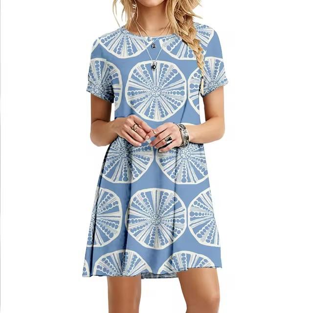 Elegant Short Sleeve 3D Print Dress Beach Summer Midi Dresses