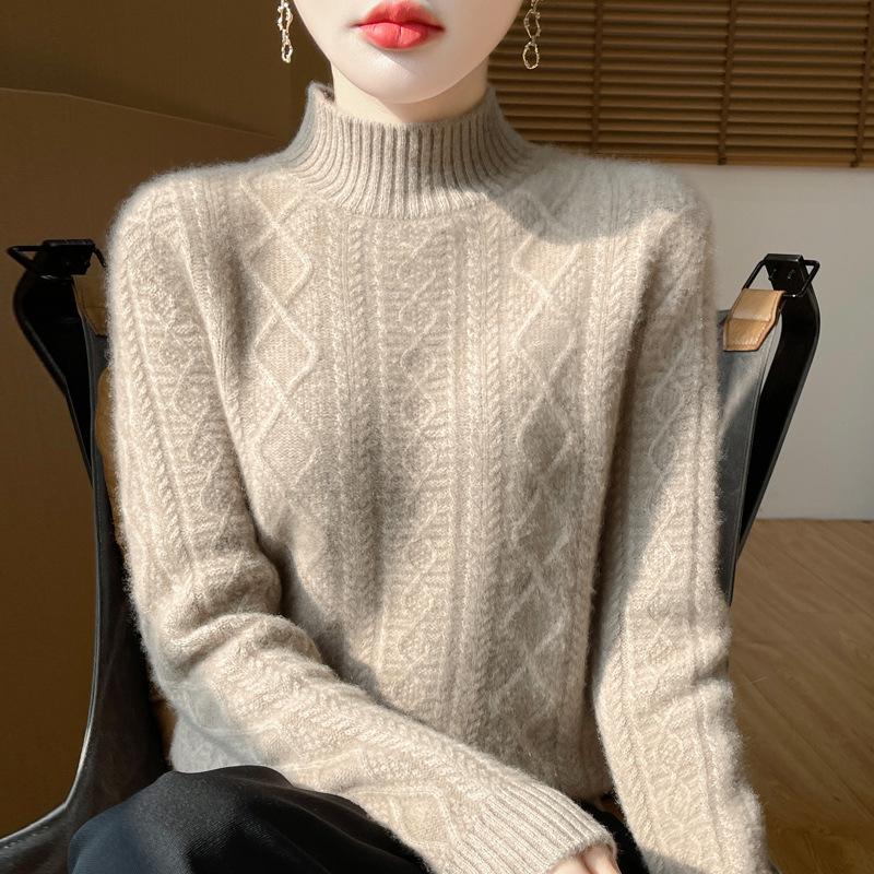 Women's High-Neck Diamond Pattern Knit Pullover Sweater, 2024 Autumn/Winter, Loose Fit, Thickened Short Base Layer