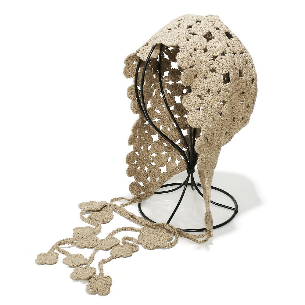 Ethnic style hand-woven hollow fringed hat Bohemian flower crochet knitted hat pullover head hat female