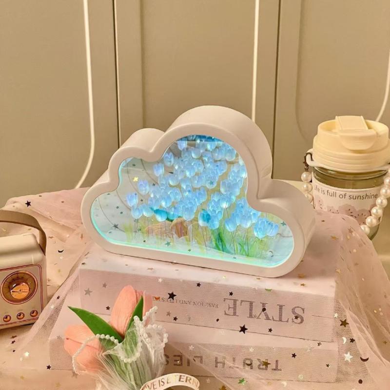 Cloud Shape Tulip Night Light Diy Handmade Flower Lamp Battery Powered Mirror Decor Table Lamp For Bedroom Gift