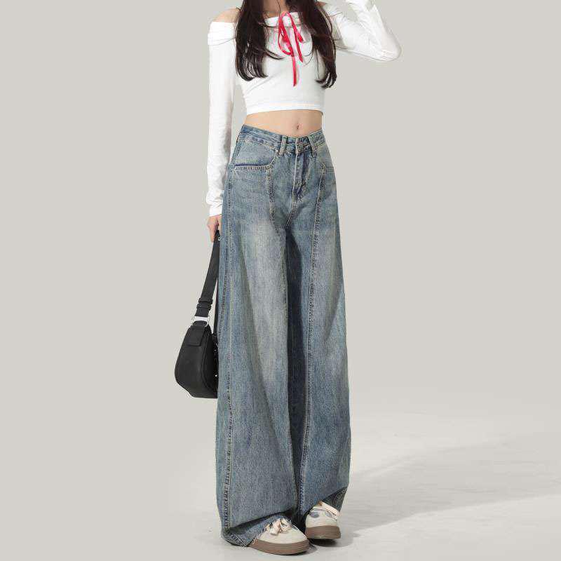 

2026 Autumn High-Waisted American Style Women s Wide-Leg Jeans - Loose Banana Drape Casual Floor-Length Pants XS