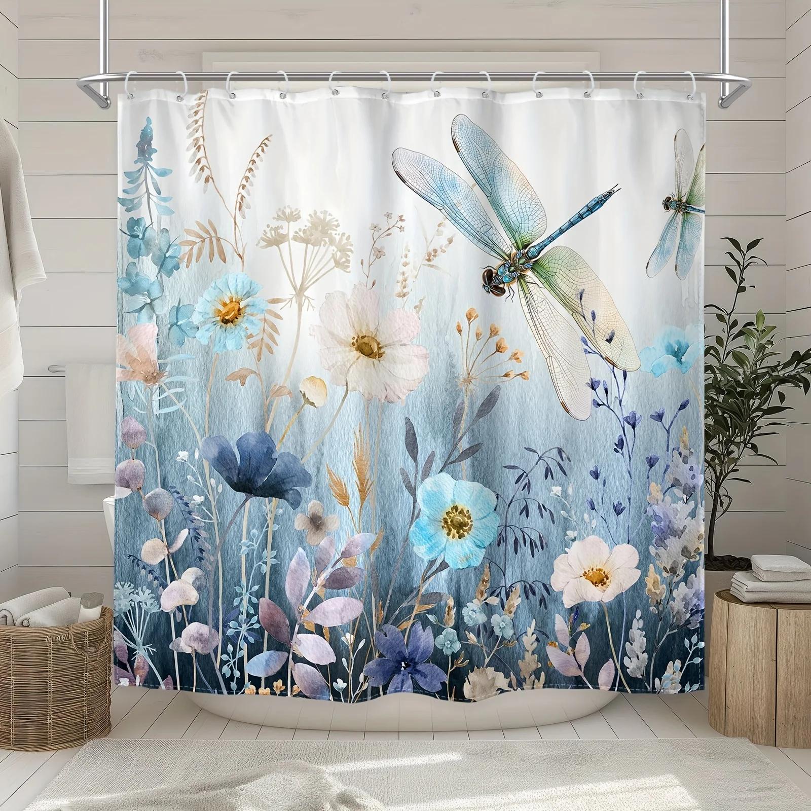 

1Pc Watercolor Blue Dragonfly Shower Curtain - Wildflowers & Grass, Polyester, 71X71 , 12 Hooks,Waterproof Modern Bath Access W60H190(CM)-1 Pcs