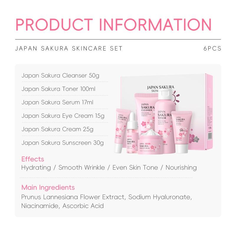 LAIKOU Moisturizing Reduce Fine Lines Brighten Skin Tone Care Toner Cream Eye Cream Cleanser 6Pcs Sakura Facial Skin Care Set
