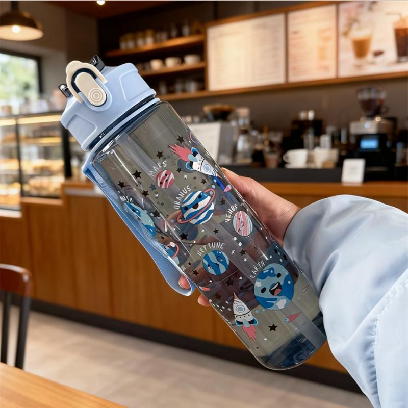 750ml Cute Cartoon Pattern Water Bottle, Large Capacity Portable Leak-Proof Tumbler with Carry Strap and Straw for Sporting