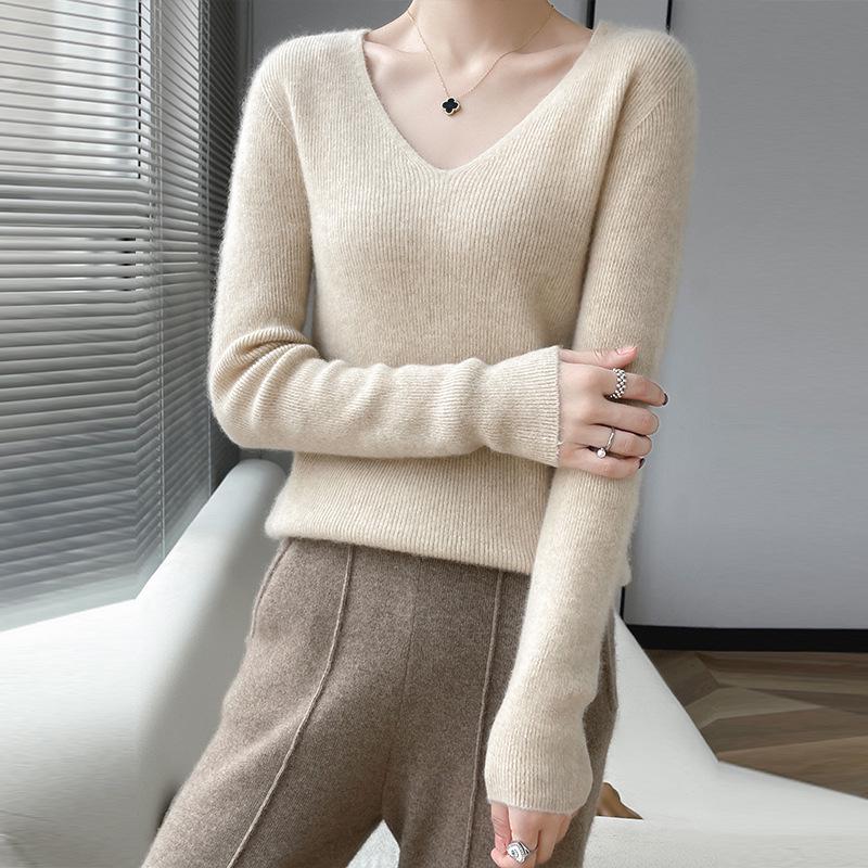 Women's Seamless All-Wool V-Neck Sweater - Slim Fit, Autumn/Winter Cashmere Knitwear