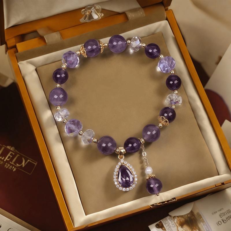 Fashion Purple Crystals Beaded Bracelets for Women Round Beads Purple Four-leaf Clover Drop Bracelet Lucky Stretch Hand Chain Jewelry for Wedding
