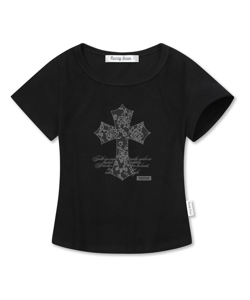 FUZZY SCAN Lace Overlap Slim Short Sleeve Tee White