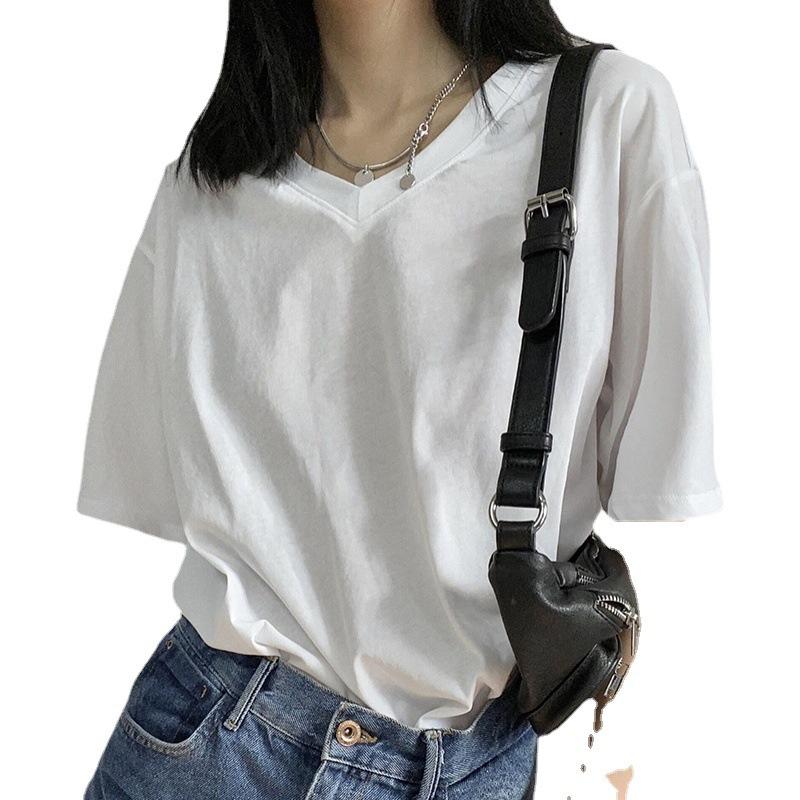 New Summer Pure Cotton V-neck White T-shirt Women's Short-sleeved Solid Color T-shirt Women's Straight Loose and Thin Top