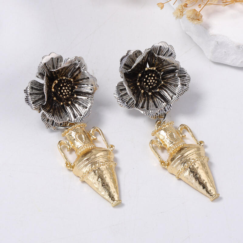 Europ and America Style Alloy Flower Vase Earrings for Women Ladies Vintage Art Trend Temperament Pendant Earrings Jewelry Gifts