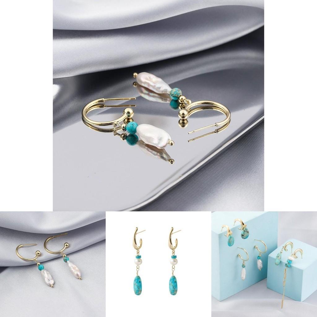 Asymmetrical Creative Pearl Natural Stone Earrings Fashionable Alloy Geometric Design