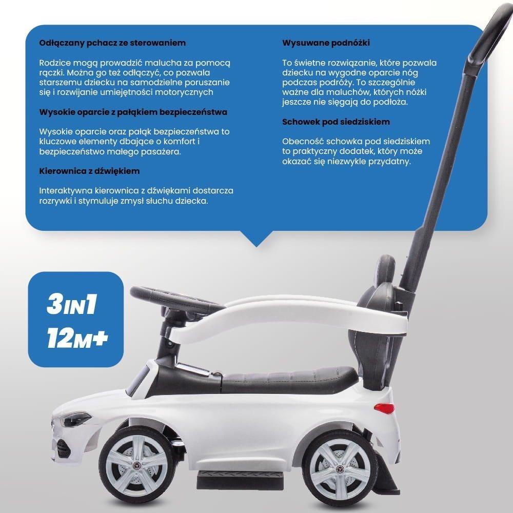 Sun Baby Mercedes C-Class 3-in-1 Ride-On Car with Push Handle and Footrests White