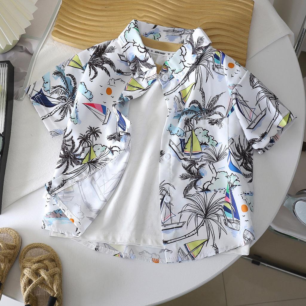 Boys' Beach Vacation Style Shirt - Summer Children's Stylish Loose Short-Sleeved Shirt
