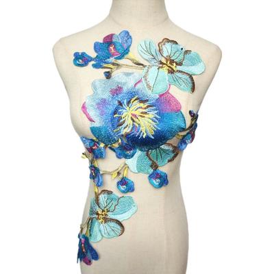 Hot,Large Blue Embroidery Peony Flower Lace Applique Sewing Collar Patch Wedding Party Clothes DIY Craft