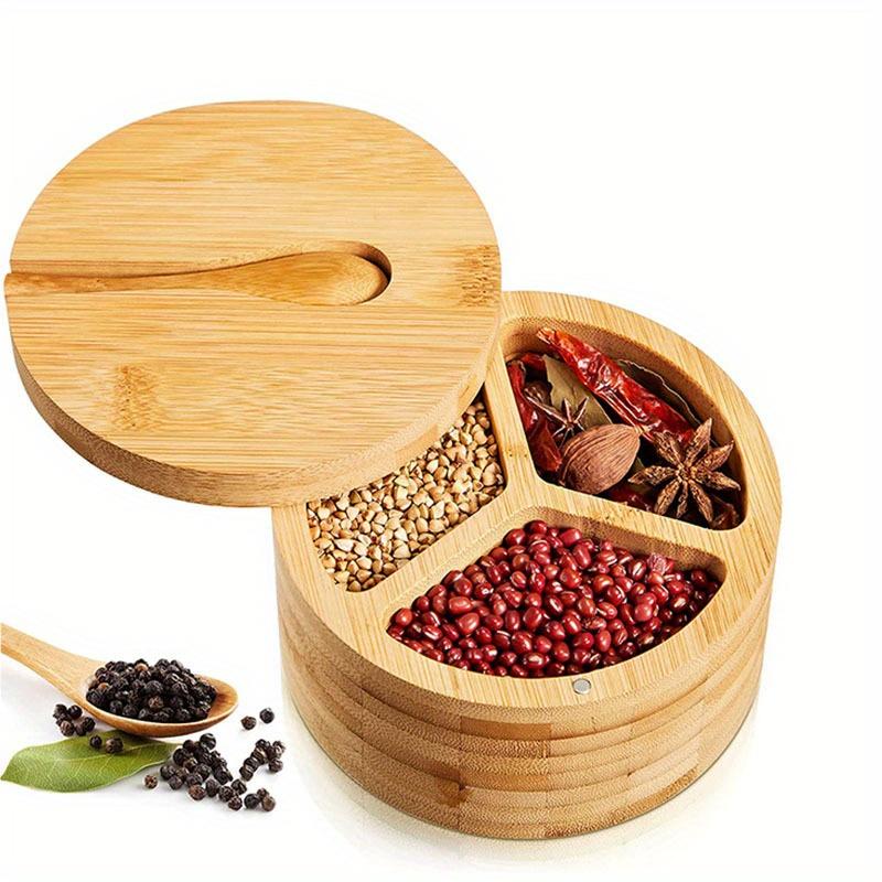 Bamboo Seasoning Box With Spoon Rotating Cover Spice Box Seasoning Container Sugar Salt Pepper Jar Condiments Picnicking Gadget