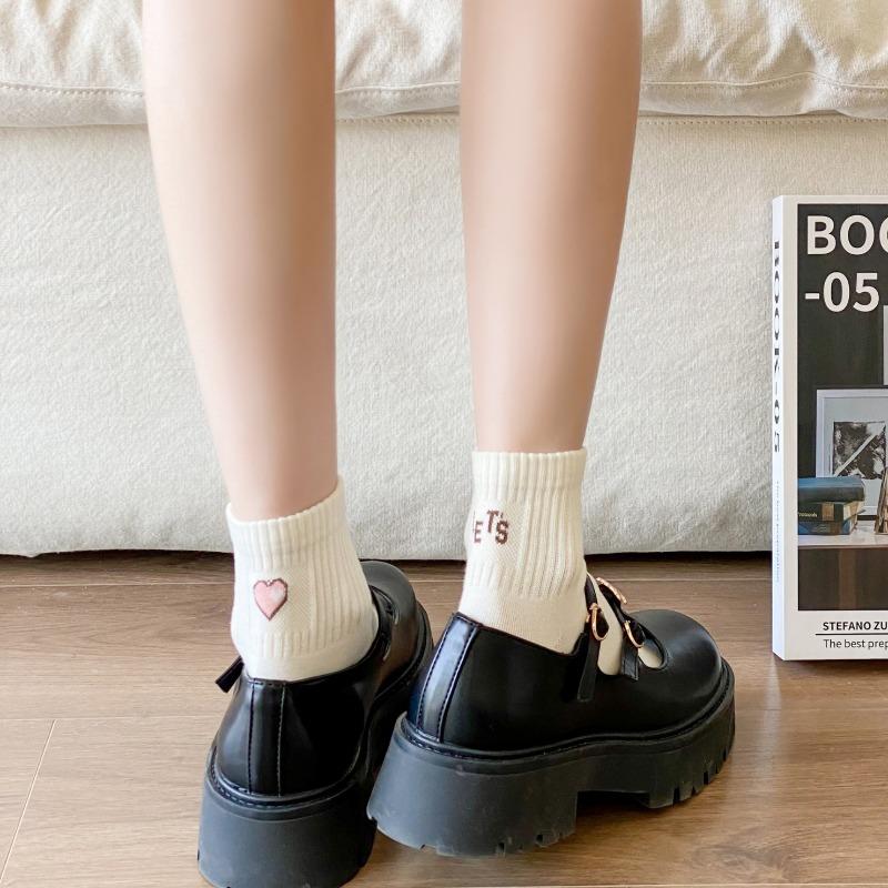 Spring Versatile Letter Heart Mid-calf Socks for Ladies, Breathable Cotton Socks