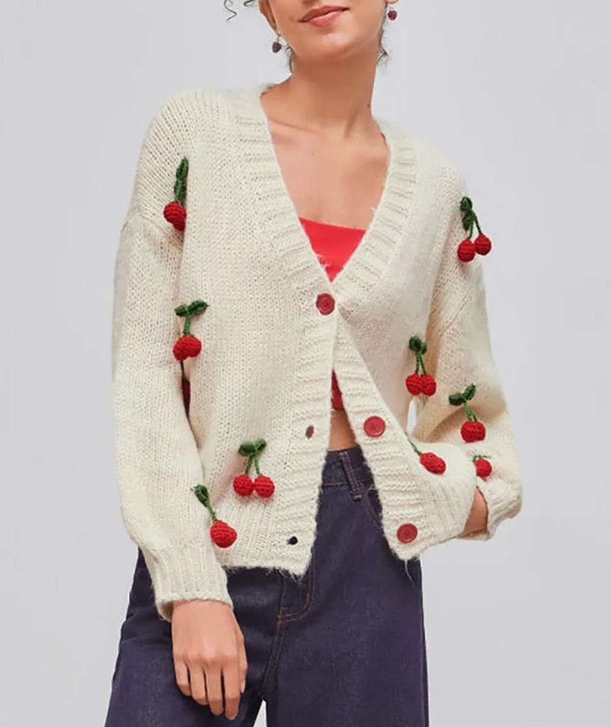 Autumn and Winter V-neck Sweater Versatile Cardigan Loose Trend Cherry Decoration Single-breasted Knitted Jacket Top Women