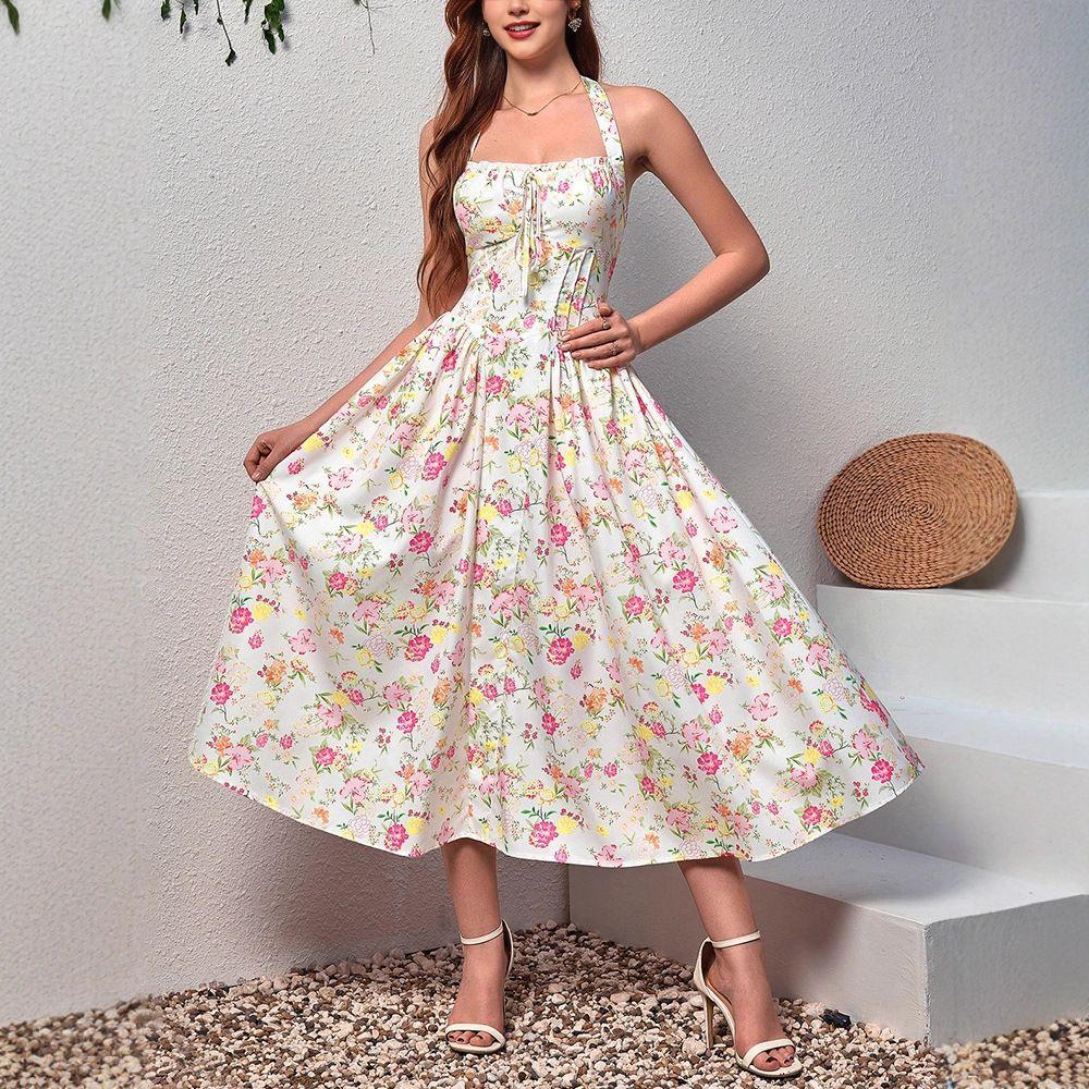 Summer New Four-sided Elastic Printing Neck Dress, European and American Sexy Backless Strap A Word Medium and Long Dress