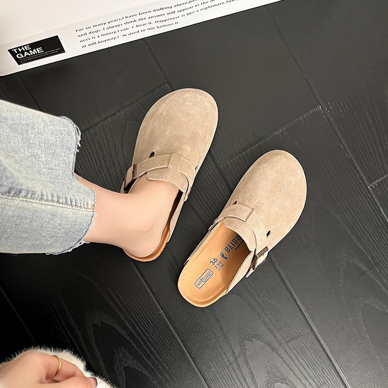 Leather women's one-pedal warm fluffy slippers women's outer bag head half slippers slippers