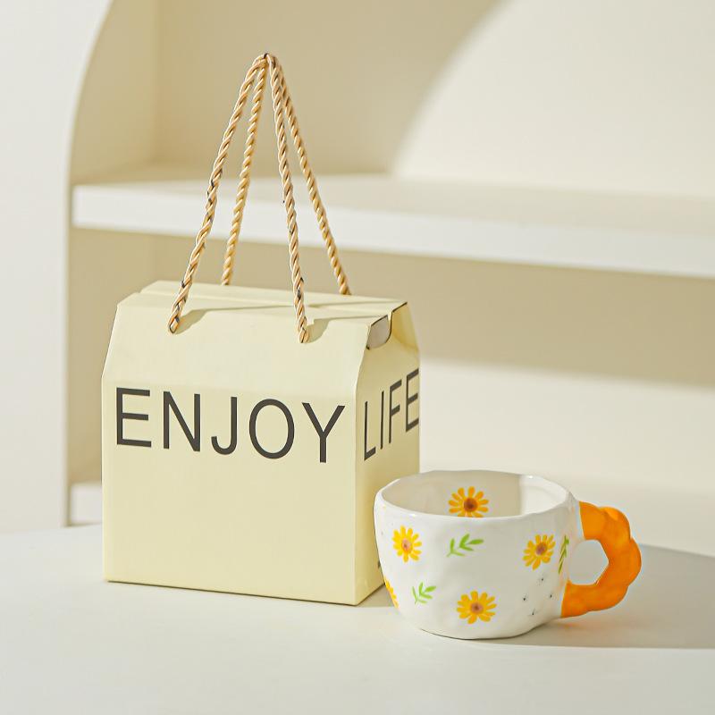 Retro Hand Painted Flowers Handmade Irregular Cute Cup Ceramic Coffee Cup Design Sense Coffee Cup Household Water Cup