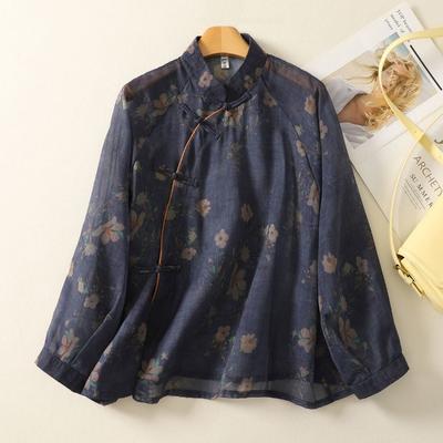 Jersey de mujer con cuello redondo, estampado floral, color de contraste, manga larga, moda, camisa de gasa, top básico