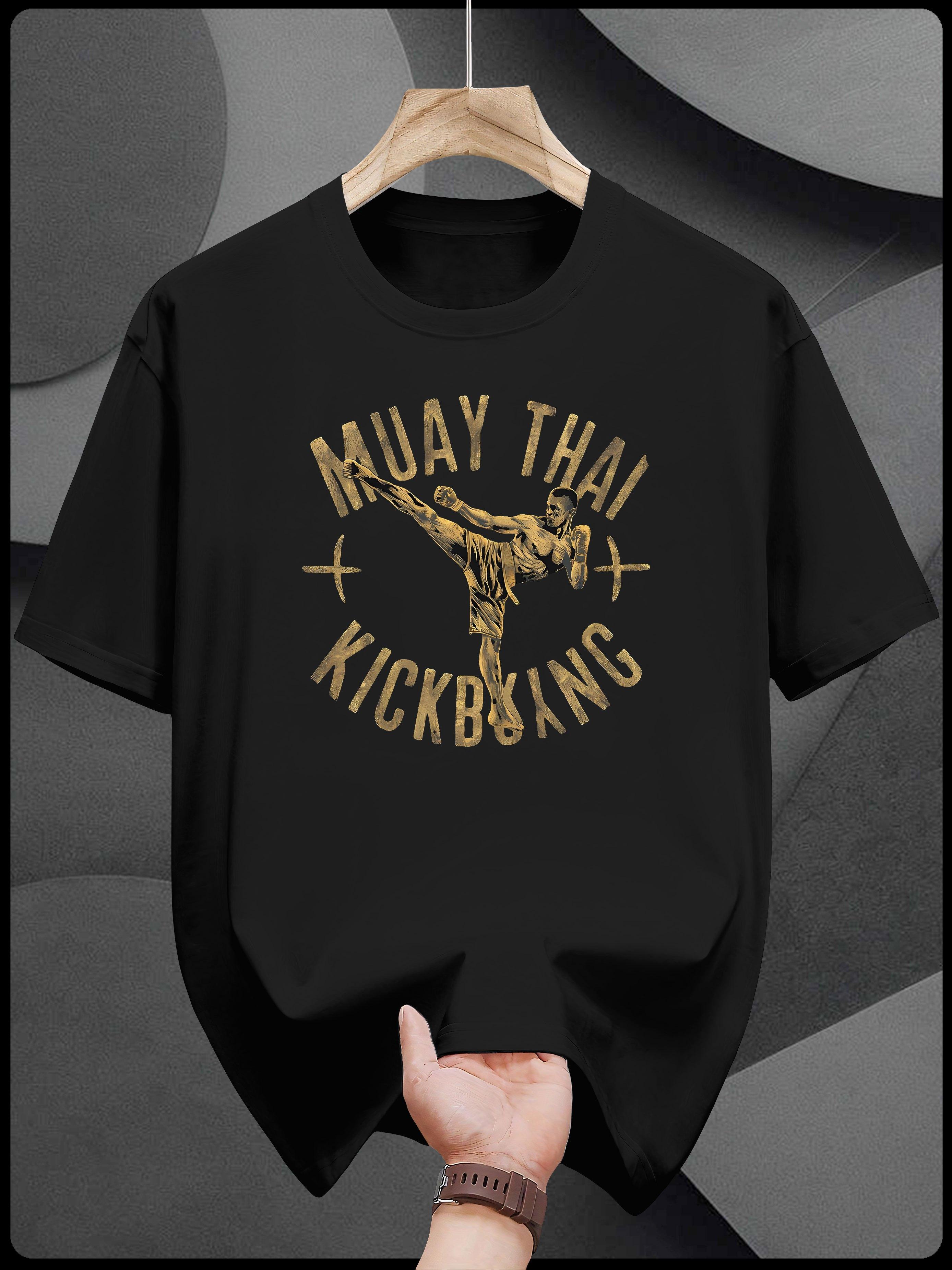Heavyweight 200gsm Cotton T-shirt - Muay Thai Kickboxing Graphic Tee - Black with Golden Martial Arts Print - Breathable Round Neck Shirt for Gym XXXL