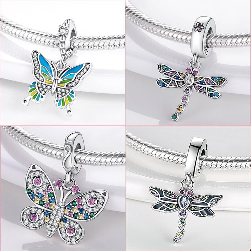 Original-Insekten-Charm-Anhänger aus 925er-Sterlingsilber, Schmetterling, Libelle, Marienkäfer-Charm-Perlen, passend für Mode-Armbänder, Original-Schmuck