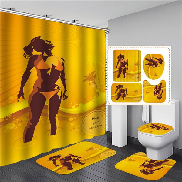 4PCS Full Set Bathroom Curtain Set Elegant African Black Woman Shower Curtain Hooks Modern Bath Mat Toilet Lid Cover Anti-slip Bath Mats