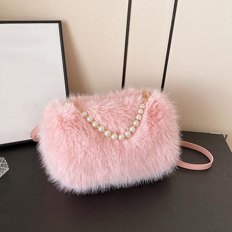 Yogodlns Winter Fashion Women's Faux Fur Shoulder Bags Candy Color Pearl Handle Crossbody Bag Small Fluffy Female Pillow Handbags