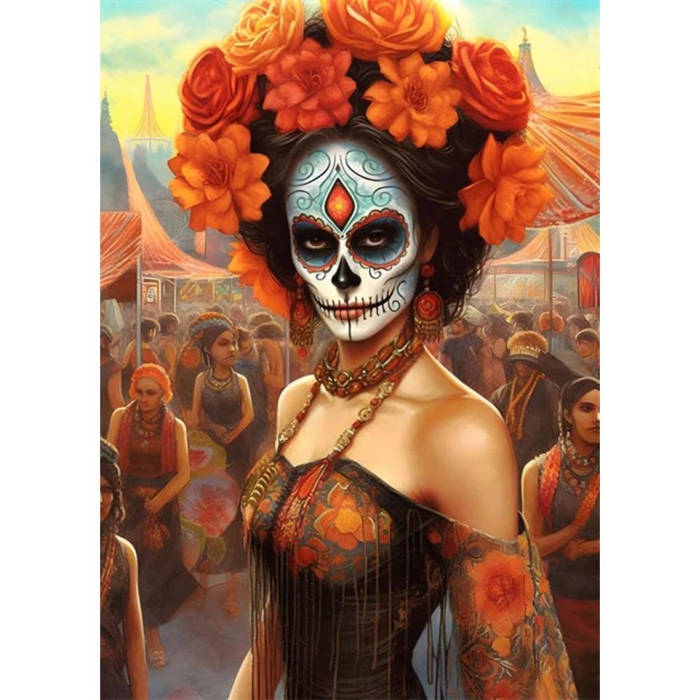 Festive and Mysterious Mexican Girl Day of Dead Gothic Sugar Skulls Canvas Painting Posters Prints Wall Art Picture Home Decor