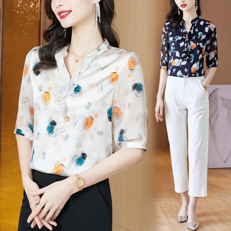 Silk Shirt Women's Short Sleeved Summer T-shirt Mid Sleeved V-neck Printed Western-style Small Shirt Mulberry Silk Top