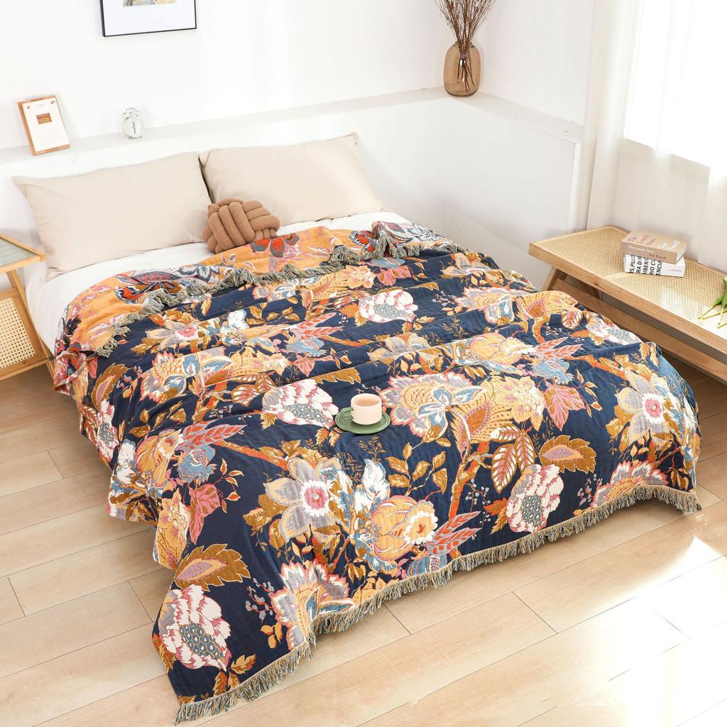 Floral Gauze Cotton Towel Blanket, Sofa Towel With Tassel, Bedspread, 150*200 Cm, 200*230 Cm, Delicate