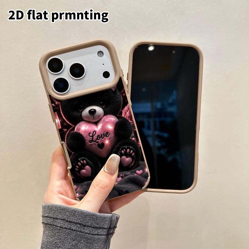 Phone Case: 2D Flat Lambskin Suitable for iPhone 18 17 16 15 14 13 Pro Protective Case, Heart-shaped Bear, Christmas and Halloween Gifts