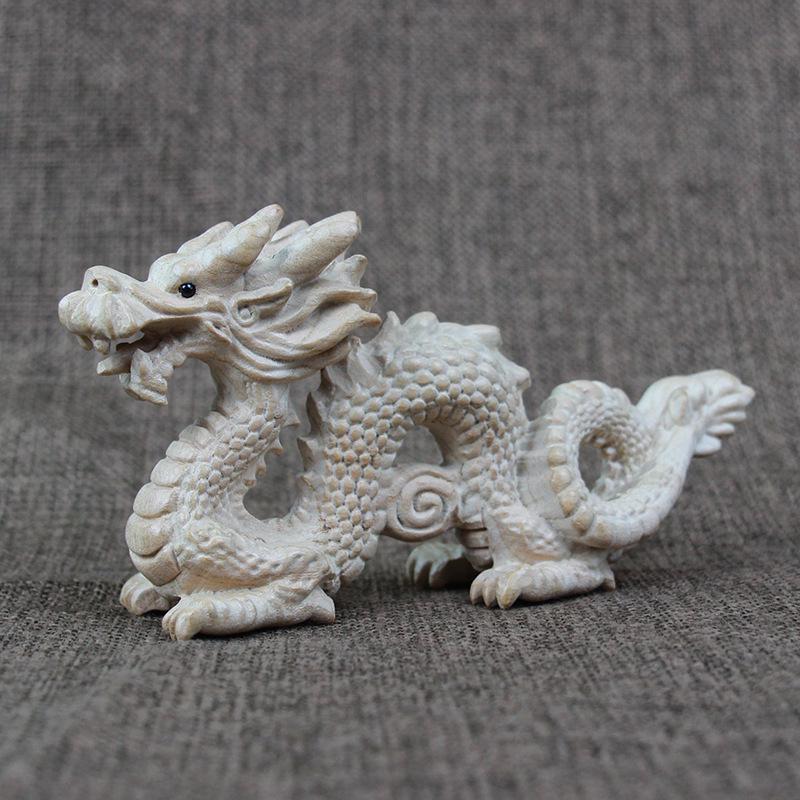 Three-Dimensional Hand-Carved Peach Wood Blue Dragon Ornament 10 cm