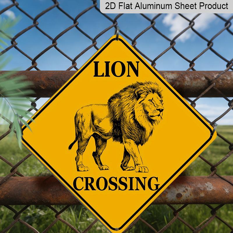 2D Flat 1pc- Vintage Tin Sign Featuring A 2D Flat Design of A Lion Crossing, Perfect for Rustic Wall Decor with A Humorous Caution Message