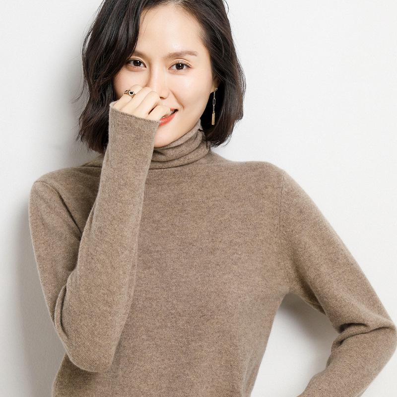 Women's 100% Pure Wool Turtleneck Sweater - Fashionable Autumn/Winter Knitted Cashmere Base Layer Top
