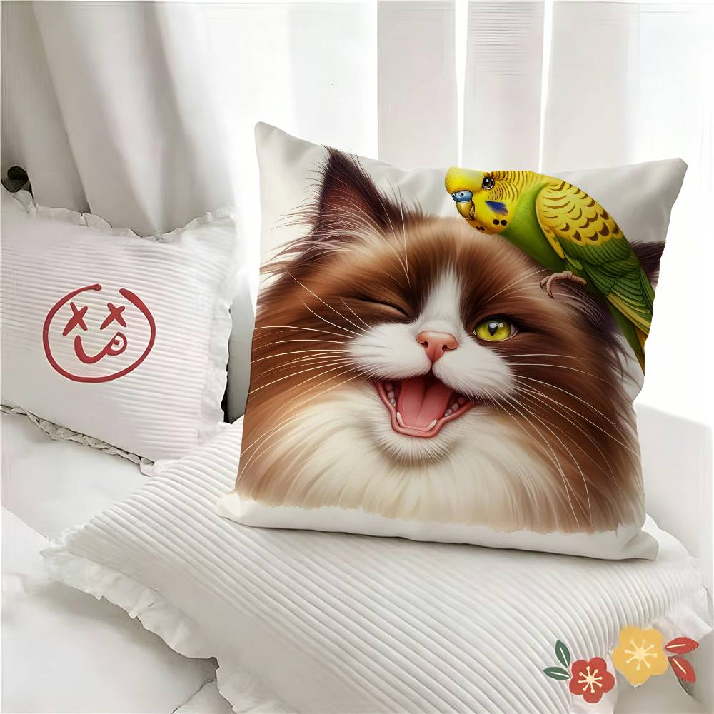 pc Cute Oil Painting Cat Animal Bird Pillow Case Fashion Square Pillowcase Bedroom Sofa Room Ins Decoration Leisure