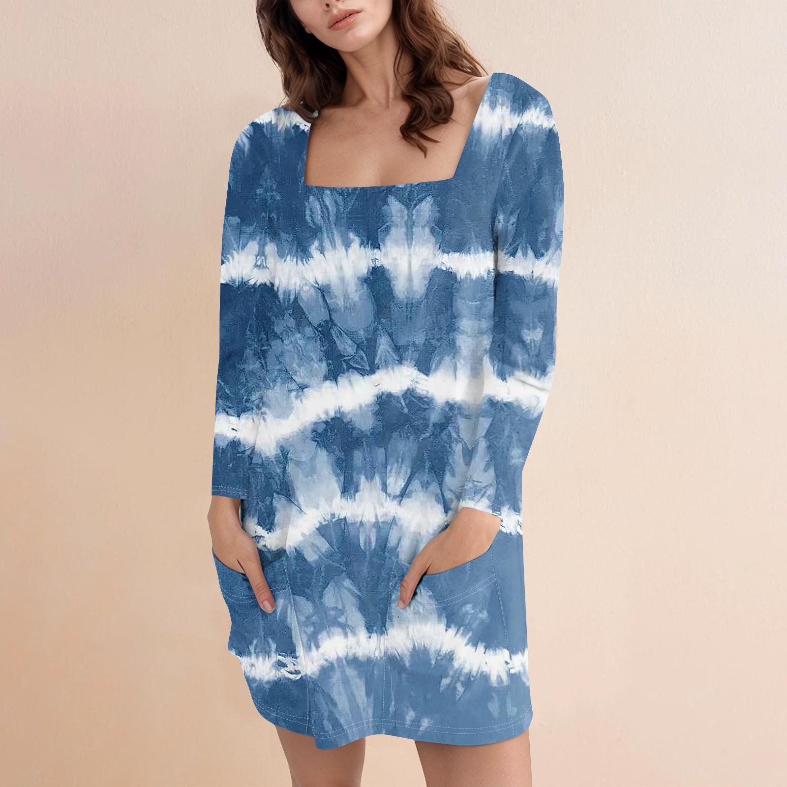 

Женское модное повседневное однотонное короткое платье с квадратным вырезом и длинным рукавом XL синий