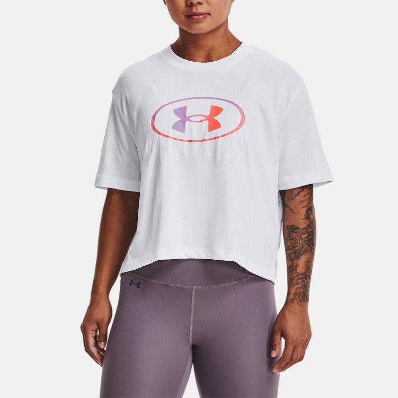 Under Armour Live Novelty Logo Print Crew Neck Short Sleeve T-Shirt Women tops White 1369881-100