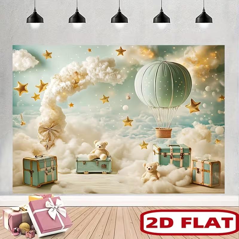 2D Mint Green Hot Air Balloon Backdrop Teddy Bear Photography Background