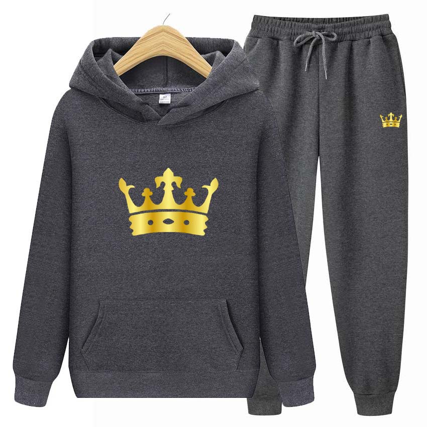 Men Tracksuits Set Spring Autumn Crown Print Sweatshirt Long Sleeve Hooded Pullover Sweatshirt Top Jacket Coat