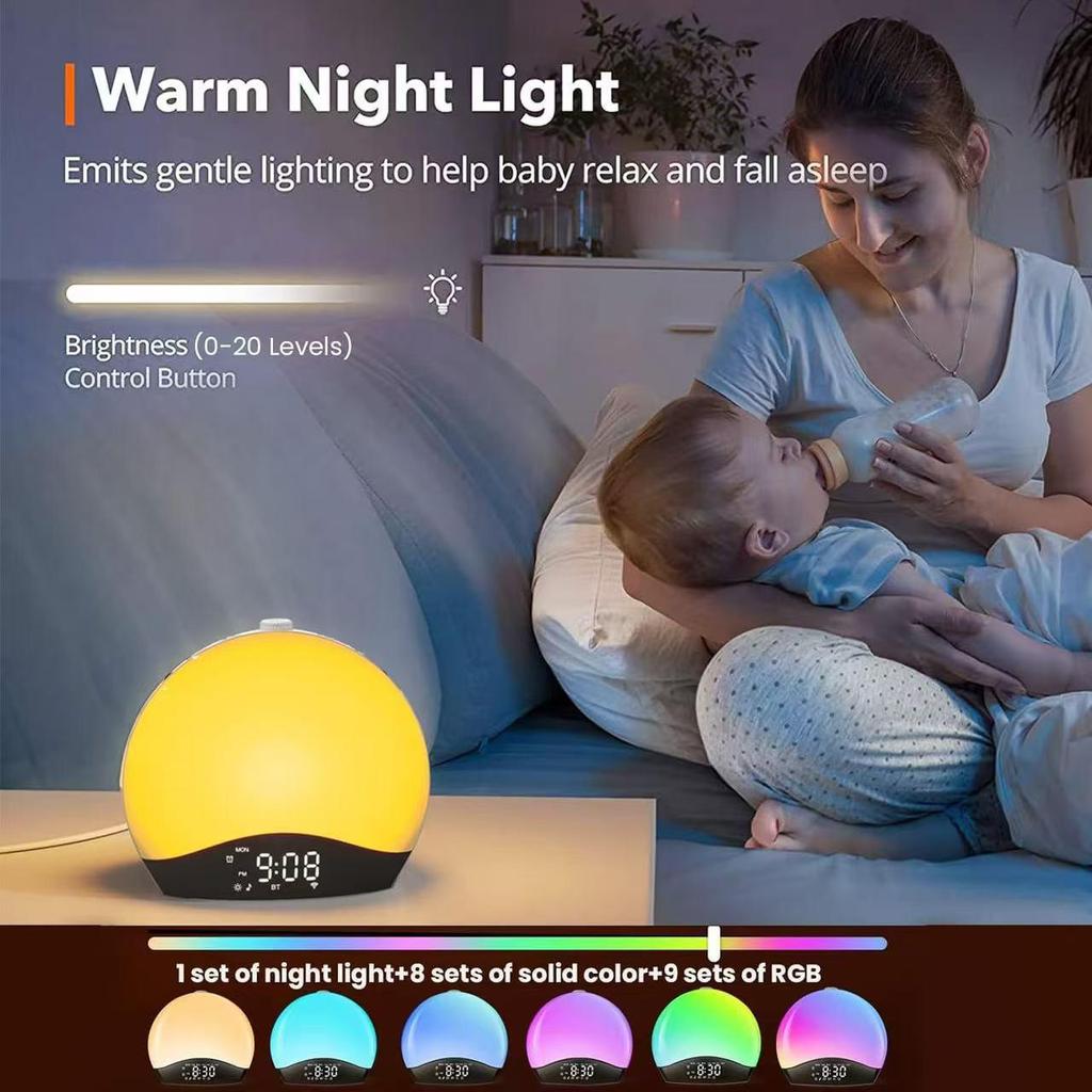 Popular Smart Sunrise Wake-up Light and White Noise Sleep Aid Alarm Clock with Atmosphere Lamp