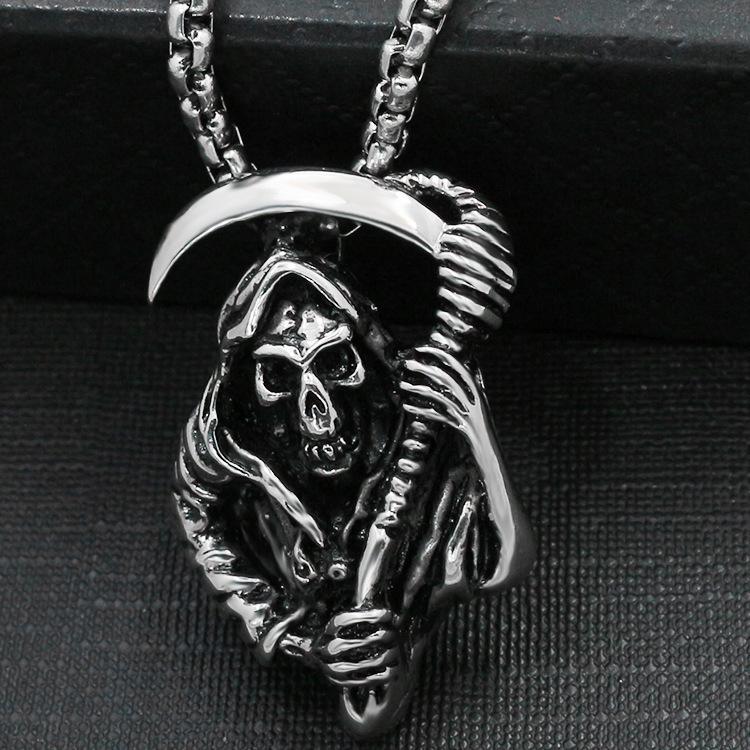 2023 Japanese & Korean Skull Scythe Pendant Necklace - Titanium Steel Punk Style for Men