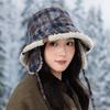 Vintage versatile plaid bucket hat autumn and winter hat women's velvet thermos basin hat big brim ear hat