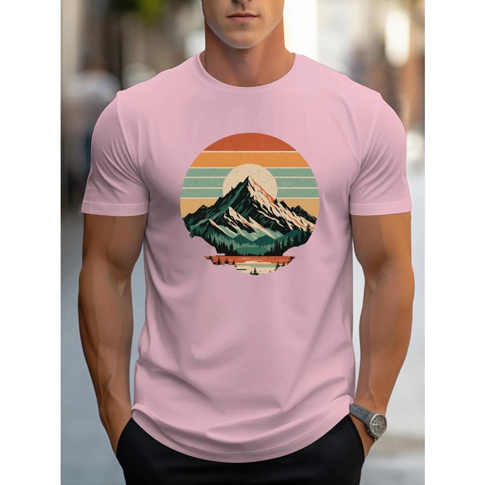 Men's Summer 100 Cotton Fashionable Sports Casual Loose Retro Snow Mountain Sunset Printed Round Neck Short Sleeved T-shirt Top