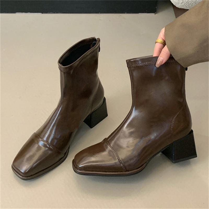 Eilyken Fashion Soft Leather Round Toe Zipper Women Ankle Boots Square Heels Elegant Party Shoes Botas Largas Mujer