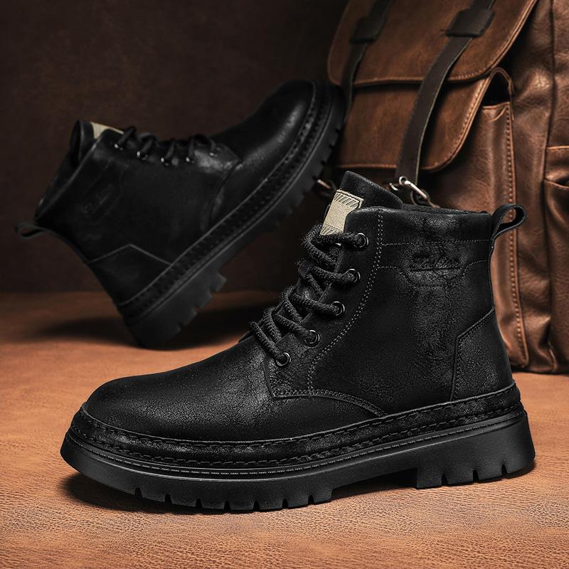 New Arrival Genuine Leather Mens High Top Shoes Fashion Outdoor Motorcycle Boots Lace Up Non-Slip Male Ankle Boots Walking Shoes